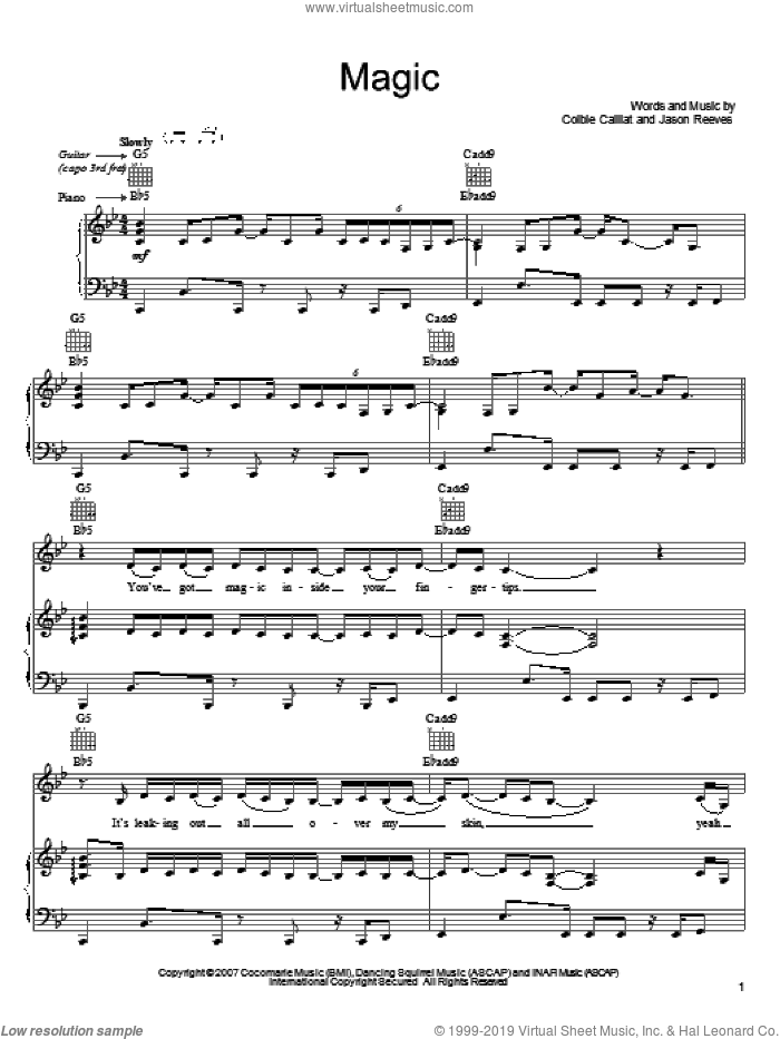 Magic sheet music for voice, piano or guitar by Colbie Caillat and Jason Reeves, intermediate skill level