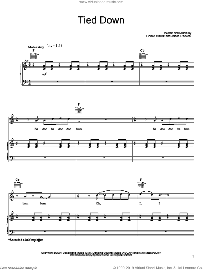Tied Down sheet music for voice, piano or guitar by Colbie Caillat and Jason Reeves, intermediate skill level