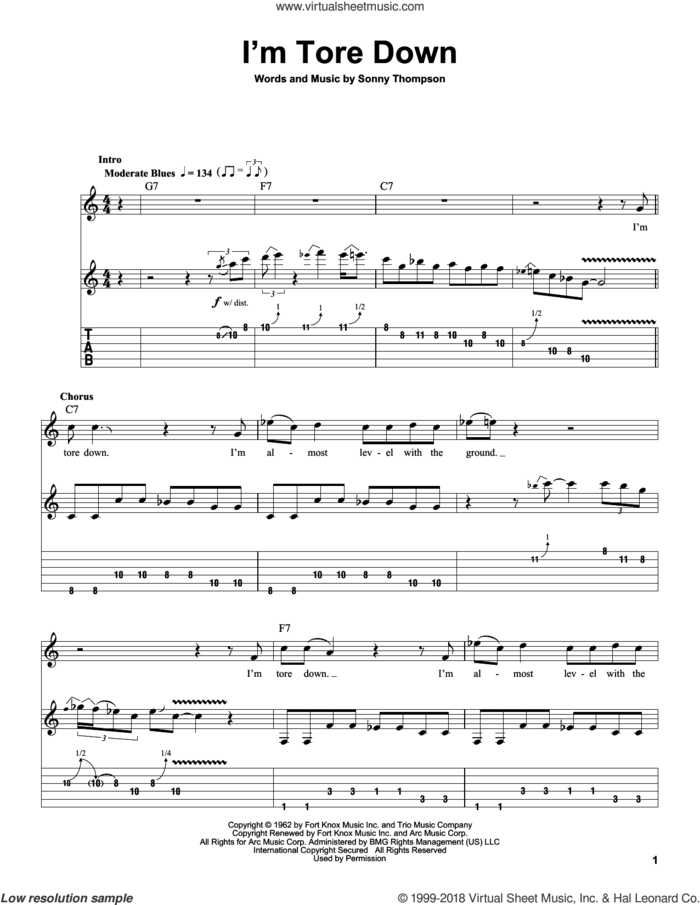 I'm Tore Down sheet music for guitar (tablature, play-along) by Eric Clapton, Freddie King and Sonny Thompson, intermediate skill level