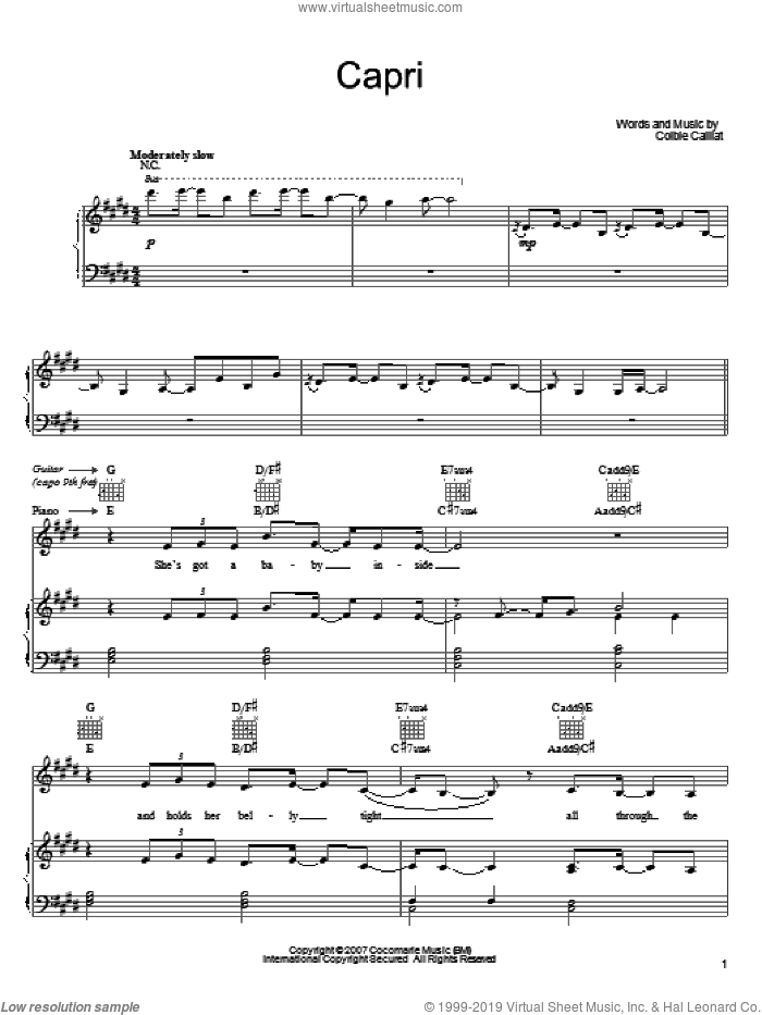 Capri sheet music for voice, piano or guitar by Colbie Caillat, intermediate skill level