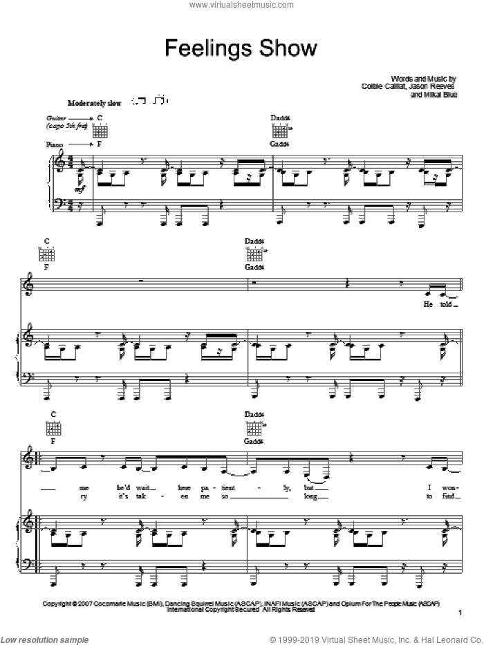 Feelings Show sheet music for voice, piano or guitar by Colbie Caillat, Jason Reeves and Mikal Blue, intermediate skill level