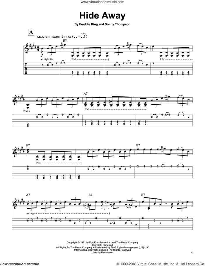 Hide Away sheet music for guitar (tablature, play-along) by Freddie King and Sonny Thompson, intermediate skill level