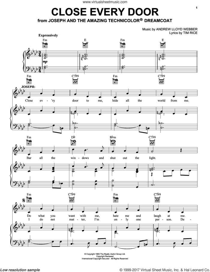 Close Every Door sheet music for voice, piano or guitar by Andrew Lloyd Webber, Joseph And The Amazing Technicolor Dreamcoat (Musical) and Tim Rice, intermediate skill level