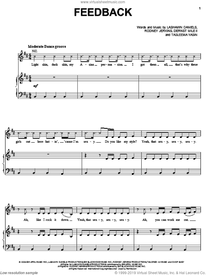 Feedback sheet music for voice, piano or guitar by Janet Jackson, Dernst Mile II, LaShawn Daniels, Rodney Jerkins and Tasleema Yasin, intermediate skill level