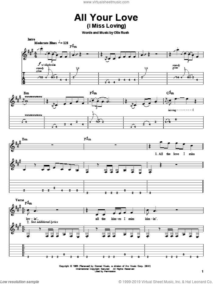 All Your Love (I Miss Loving) sheet music for guitar (tablature, play-along) by Eric Clapton and Otis Rush, intermediate skill level