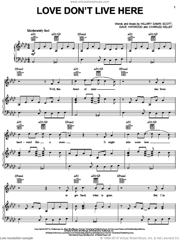 Love Don't Live Here sheet music for voice, piano or guitar by Lady Antebellum, Lady A, Charles Kelly, Dave Haywood, Hillary Dawn Scott and Hillary Scott, intermediate skill level