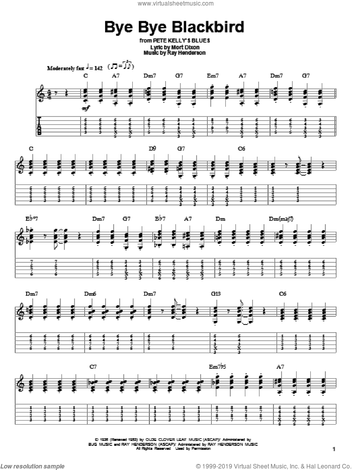 Bye Bye Blackbird sheet music for guitar (tablature, play-along) by Mort Dixon and Ray Henderson, intermediate skill level