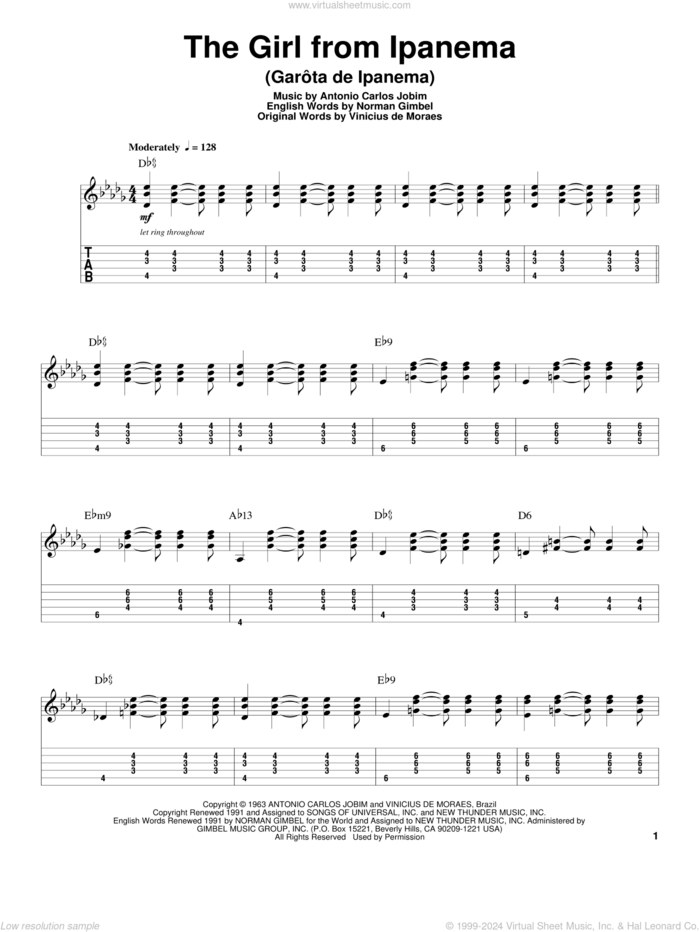 The Girl From Ipanema (Garota De Ipanema) sheet music for guitar (tablature, play-along) by Antonio Carlos Jobim, Norman Gimbel and Vinicius de Moraes, intermediate skill level