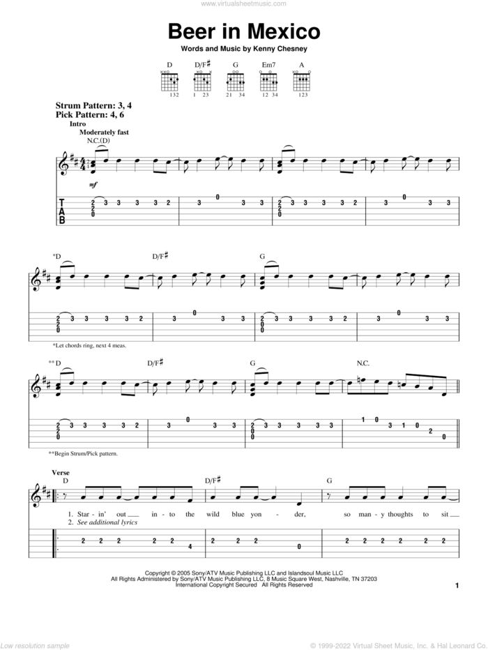 Beer In Mexico sheet music for guitar solo (easy tablature) by Kenny Chesney, easy guitar (easy tablature)