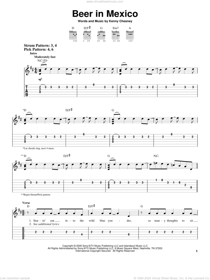 Beer In Mexico sheet music for guitar solo (easy tablature) by Kenny Chesney, easy guitar (easy tablature)