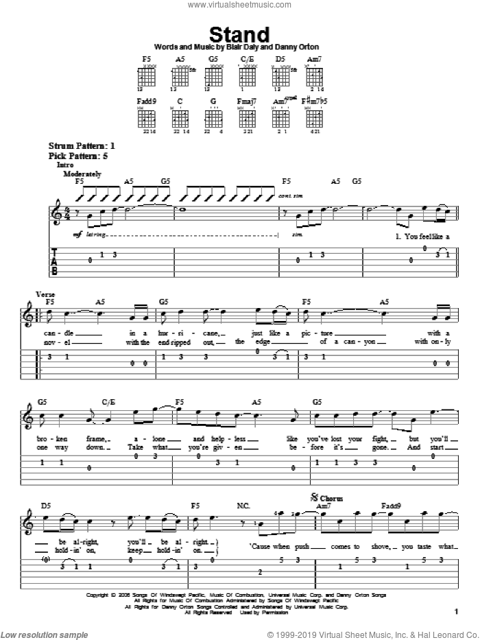 Stand sheet music for guitar solo (easy tablature) by Rascal Flatts, Blair Daly and Danny Orton, easy guitar (easy tablature)