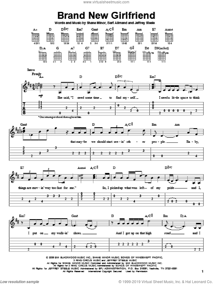 Brand New Girlfriend sheet music for guitar solo (easy tablature) by Steve Holy, Bart Allmand, Jeffrey Steele and Shane Minor, easy guitar (easy tablature)
