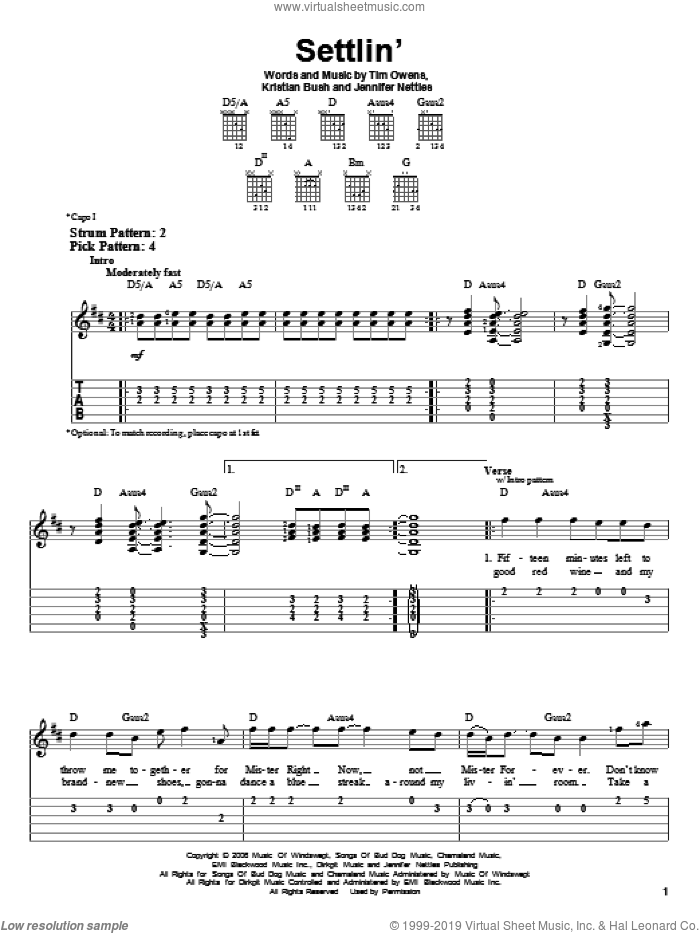 Settlin' sheet music for guitar solo (easy tablature) by Sugarland, Jennifer Nettles, Kristian Bush and Tim Owens, easy guitar (easy tablature)