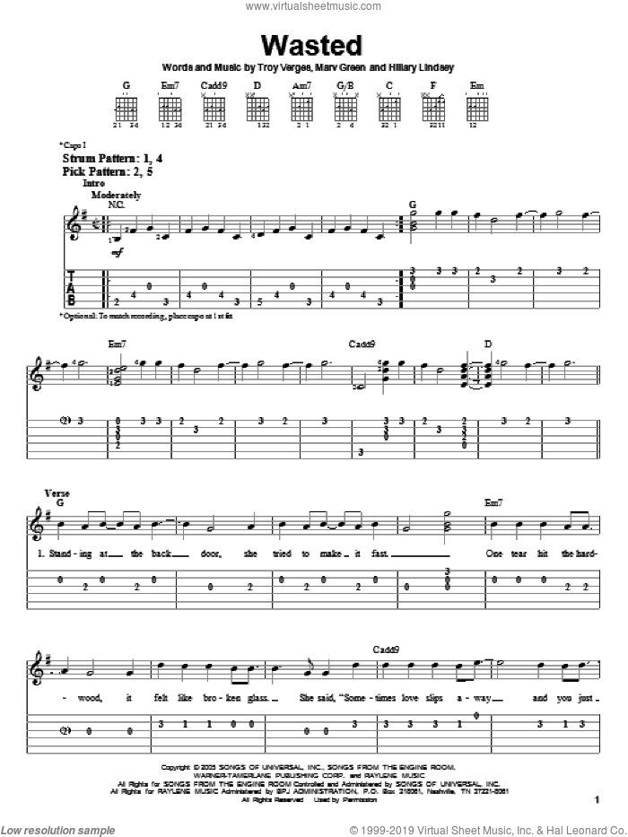 Wasted sheet music for guitar solo (easy tablature) by Carrie Underwood, Hillary Lindsey, Marv Green and Troy Verges, easy guitar (easy tablature)