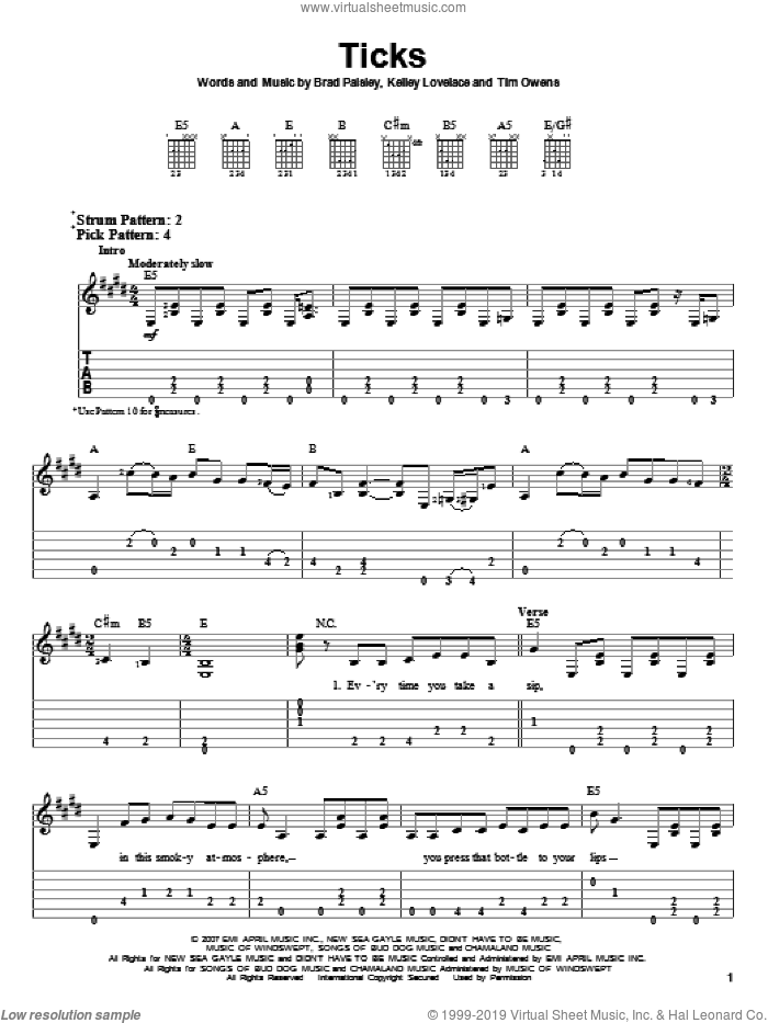 Ticks sheet music for guitar solo (easy tablature) by Brad Paisley, Kelley Lovelace and Tim Owens, easy guitar (easy tablature)