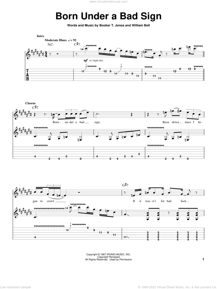 Born Under A Bad Sign sheet music for guitar (tablature, play-along) by Albert King, Cream, Booker T. Jones and William Bell, intermediate skill level