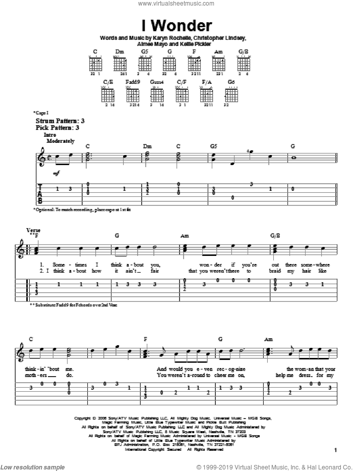 I Wonder sheet music for guitar solo (easy tablature) by Kellie Pickler, Aimee Mayo, Christopher Lindsey and Karyn Rochelle, easy guitar (easy tablature)