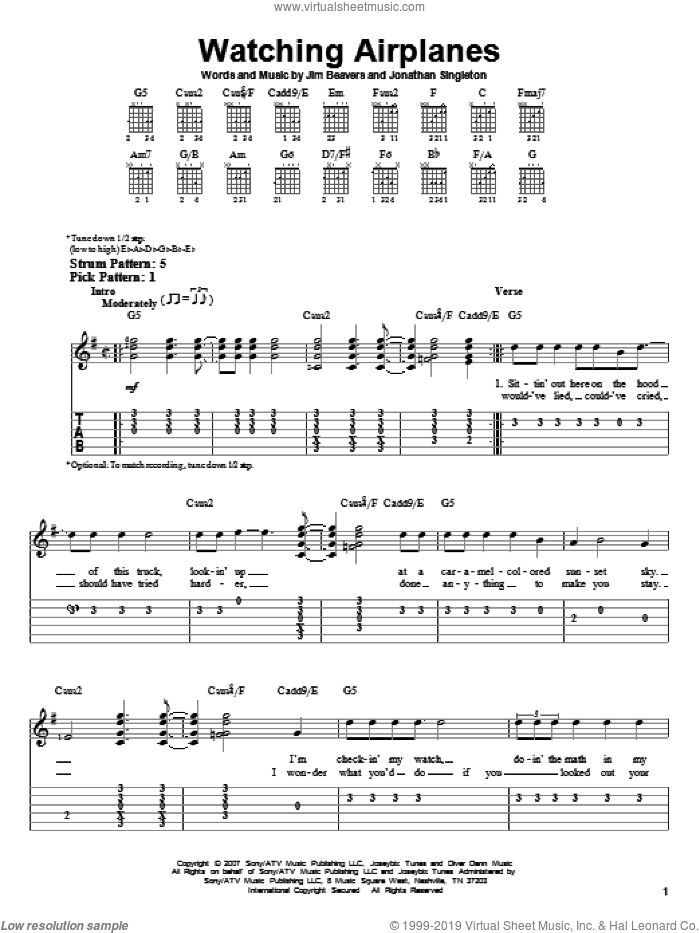 Watching Airplanes sheet music for guitar solo (easy tablature) by Gary Allan, Jim Beavers and Jonathan Singleton, easy guitar (easy tablature)