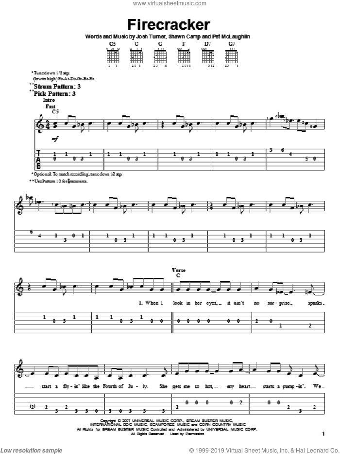 Firecracker sheet music for guitar solo (easy tablature) by Josh Turner, Pat McLaughlin and Shawn Camp, easy guitar (easy tablature)