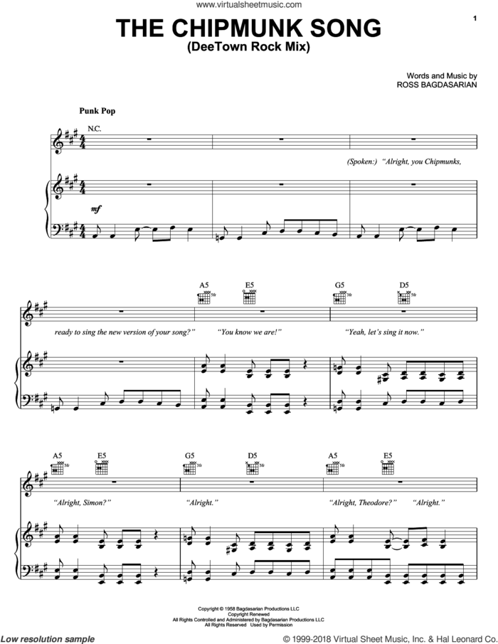 The Chipmunk Song (DeeTown Rock Mix) sheet music for voice, piano or guitar by Alvin And The Chipmunks, Alvin And The Chipmunks (Movie) and Ross Bagdasarian, intermediate skill level
