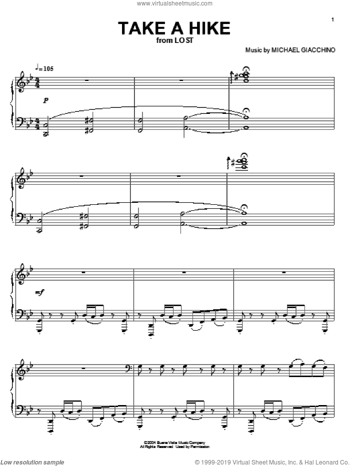 Take A Hike sheet music for piano solo by Michael Giacchino and Lost (TV Series), intermediate skill level