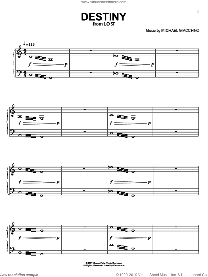 Destiny sheet music for piano solo by Michael Giacchino and Lost (TV Series), intermediate skill level