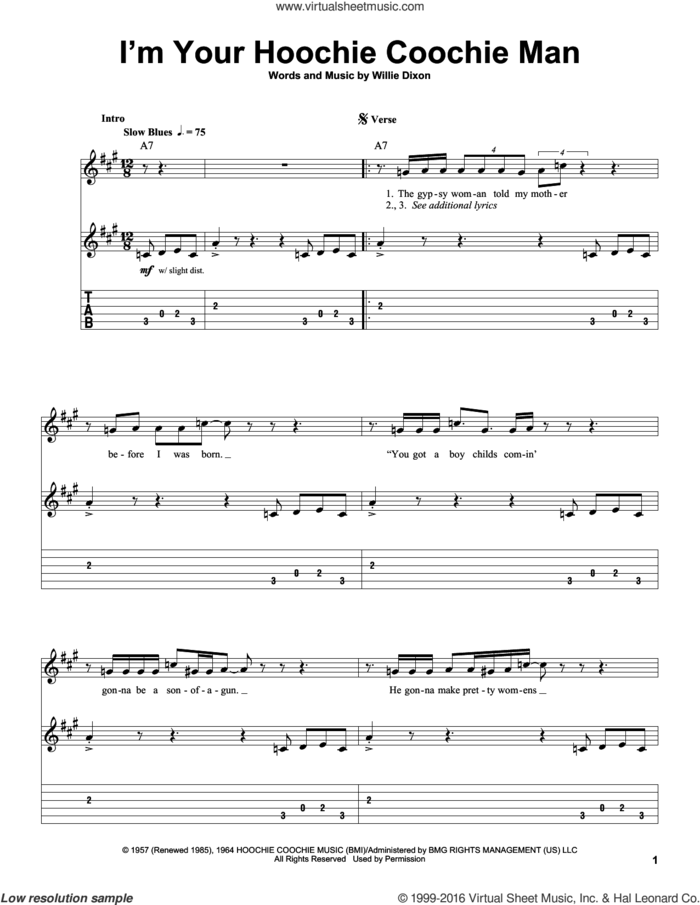 I'm Your Hoochie Coochie Man sheet music for guitar (tablature, play-along) by Jimi Hendrix, Allman Brothers Band, Muddy Waters and Willie Dixon, intermediate skill level