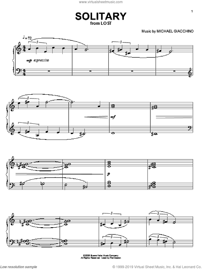 Solitary sheet music for piano solo by Michael Giacchino and Lost (TV Series), intermediate skill level