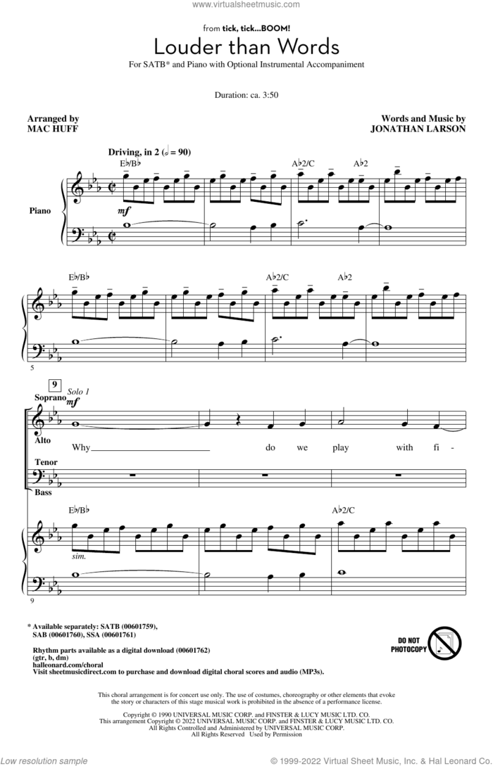 Louder Than Words (from tick, tick... BOOM!) (arr. Mac Huff) sheet music for choir (SATB: soprano, alto, tenor, bass) by Jonathan Larson and Mac Huff, intermediate skill level