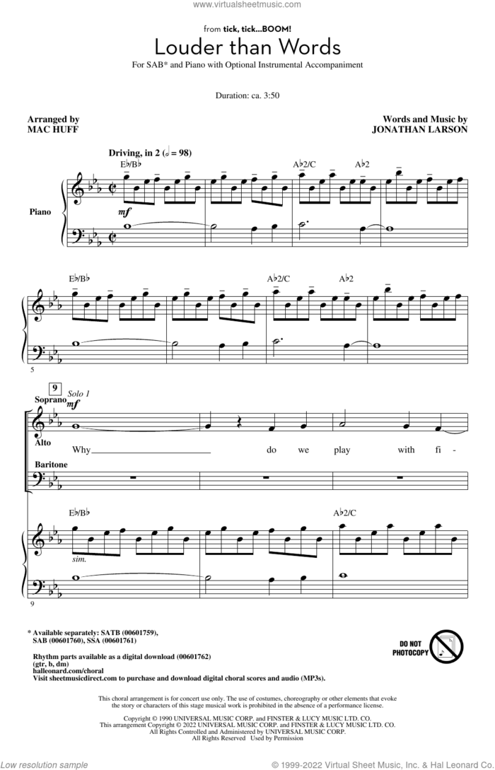 Louder Than Words (from tick, tick... BOOM!) (arr. Mac Huff) sheet music for choir (SAB: soprano, alto, bass) by Jonathan Larson and Mac Huff, intermediate skill level