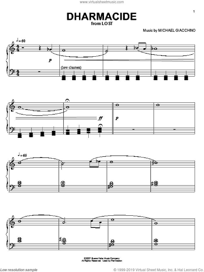 Dharmacide sheet music for piano solo by Michael Giacchino and Lost (TV Series), intermediate skill level