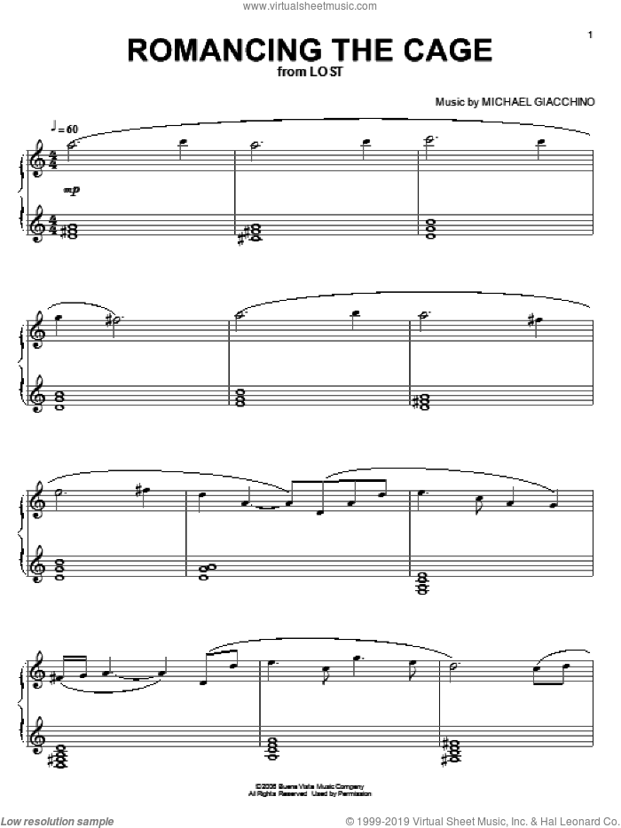 Romancing The Cage sheet music for piano solo by Michael Giacchino and Lost (TV Series), intermediate skill level