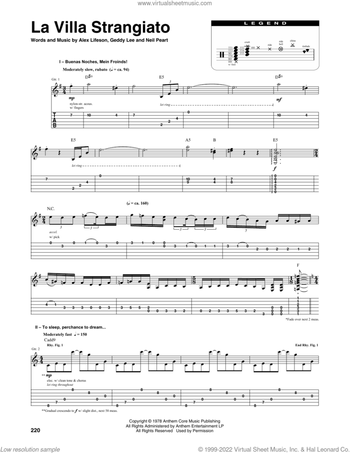 La Villa Strangiato sheet music for chamber ensemble (Transcribed Score) by Rush, Alex Lifeson, Geddy Lee and Neil Peart, intermediate skill level