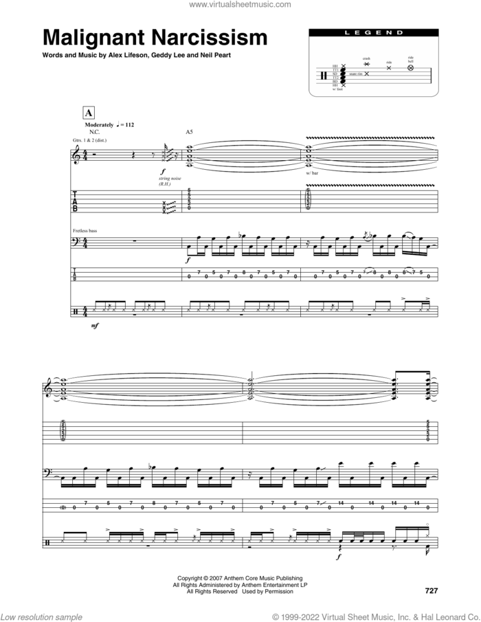 Malignant Narcissism sheet music for chamber ensemble (Transcribed Score) by Rush, Alex Lifeson, Geddy Lee and Neil Peart, intermediate skill level