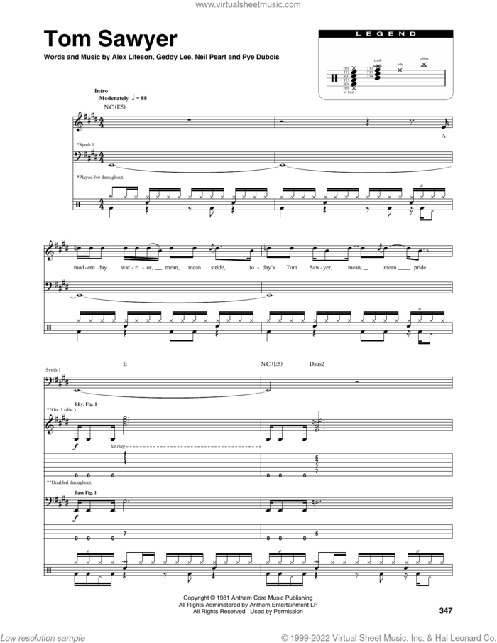 Tom Sawyer sheet music for chamber ensemble (Transcribed Score) by Rush, Alex Lifeson, Geddy Lee, Neil Peart and Pye Dubois, intermediate skill level