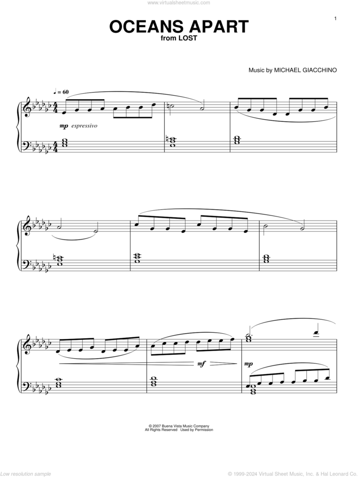 Oceans Apart sheet music for piano solo by Michael Giacchino and Lost (TV Series), intermediate skill level