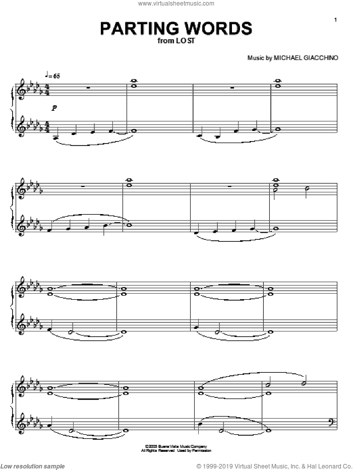 Parting Words sheet music for piano solo by Michael Giacchino and Lost (TV Series), intermediate skill level