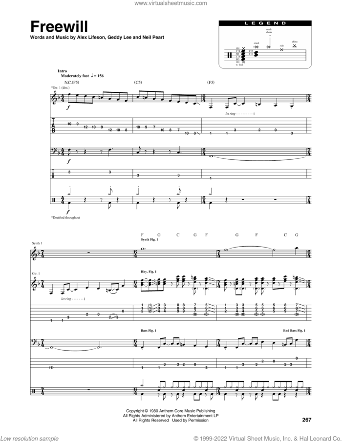 Freewill sheet music for chamber ensemble (Transcribed Score) by Rush, Alex Lifeson, Geddy Lee and Neil Peart, intermediate skill level