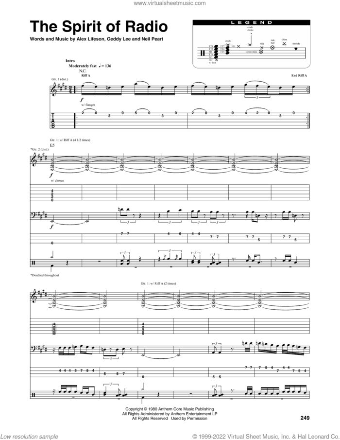 The Spirit Of Radio sheet music for chamber ensemble (Transcribed Score) by Rush, Alex Lifeson, Geddy Lee and Neil Peart, intermediate skill level