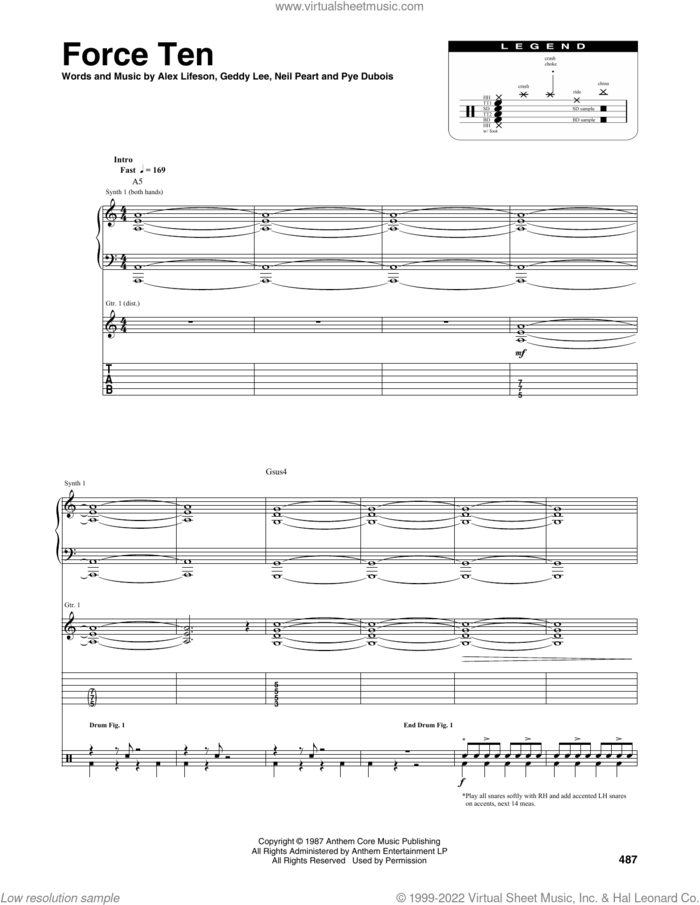 Force Ten sheet music for chamber ensemble (Transcribed Score) by Rush, Alex Lifeson, Geddy Lee, Neil Peart and Pye Dubois, intermediate skill level