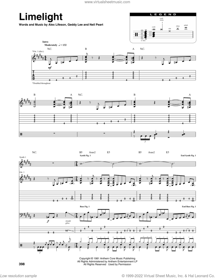 Limelight sheet music for chamber ensemble (Transcribed Score) by Rush, Alex Lifeson, Geddy Lee and Neil Peart, intermediate skill level
