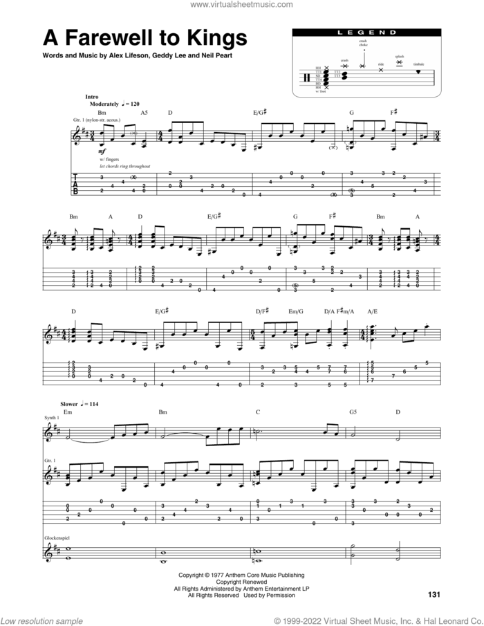 A Farewell To Kings sheet music for chamber ensemble (Transcribed Score) by Rush, Alex Lifeson, Geddy Lee and Neil Peart, intermediate skill level