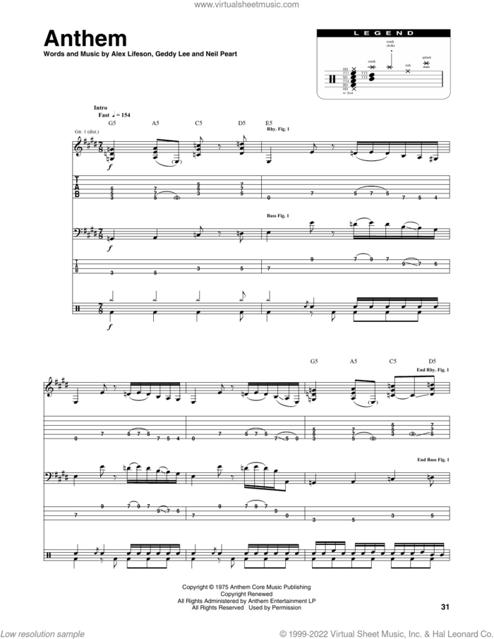 Anthem sheet music for chamber ensemble (Transcribed Score) by Rush, Alex Lifeson, Geddy Lee and Neil Peart, intermediate skill level