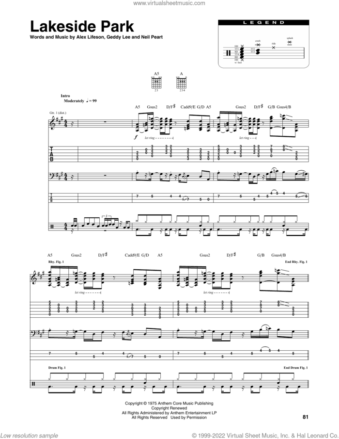 Lakeside Park sheet music for chamber ensemble (Transcribed Score) by Rush, Alex Lifeson, Geddy Lee and Neil Peart, intermediate skill level