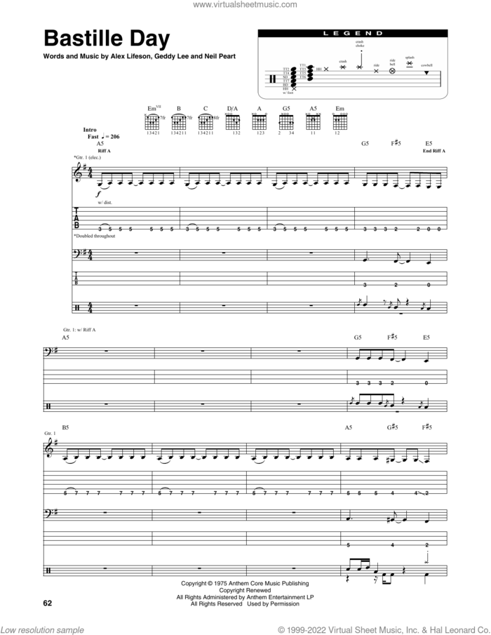 Bastille Day sheet music for chamber ensemble (Transcribed Score) by Rush, Alex Lifeson, Geddy Lee and Neil Peart, intermediate skill level