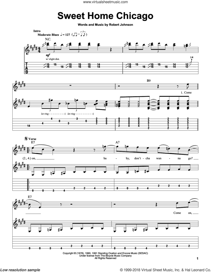 Sweet Home Chicago sheet music for guitar (tablature, play-along) by Robert Johnson and Blues Brothers, intermediate skill level