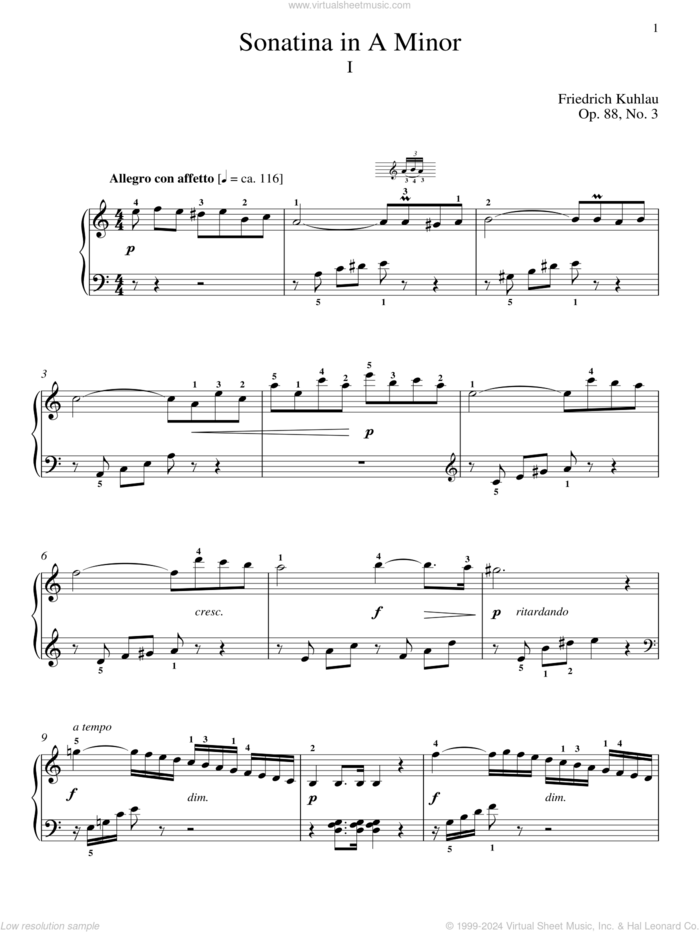 Sonatina In A Minor, Op. 88, No. 3 sheet music for piano solo by Friedrich Daniel Rudolf Kuhlau and Jennifer Linn, classical score, intermediate skill level