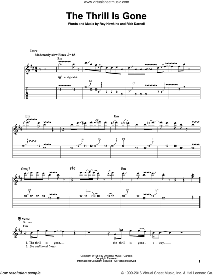 The Thrill Is Gone sheet music for guitar (tablature, play-along) by B.B. King, Rick Darnell and Roy Hawkins, intermediate skill level