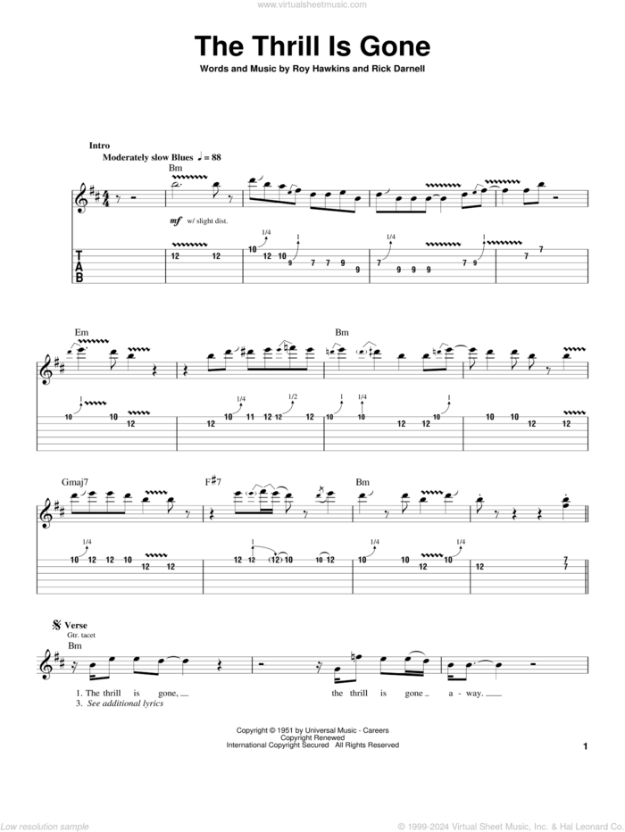 The Thrill Is Gone sheet music for guitar (tablature, play-along) by B.B. King, Rick Darnell and Roy Hawkins, intermediate skill level