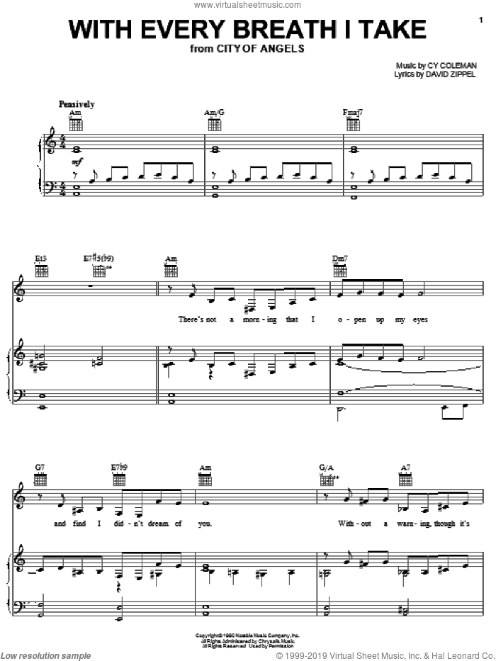With Every Breath I Take sheet music for voice, piano or guitar by Cy Coleman, City Of Angels (Musical) and David Zippel, intermediate skill level